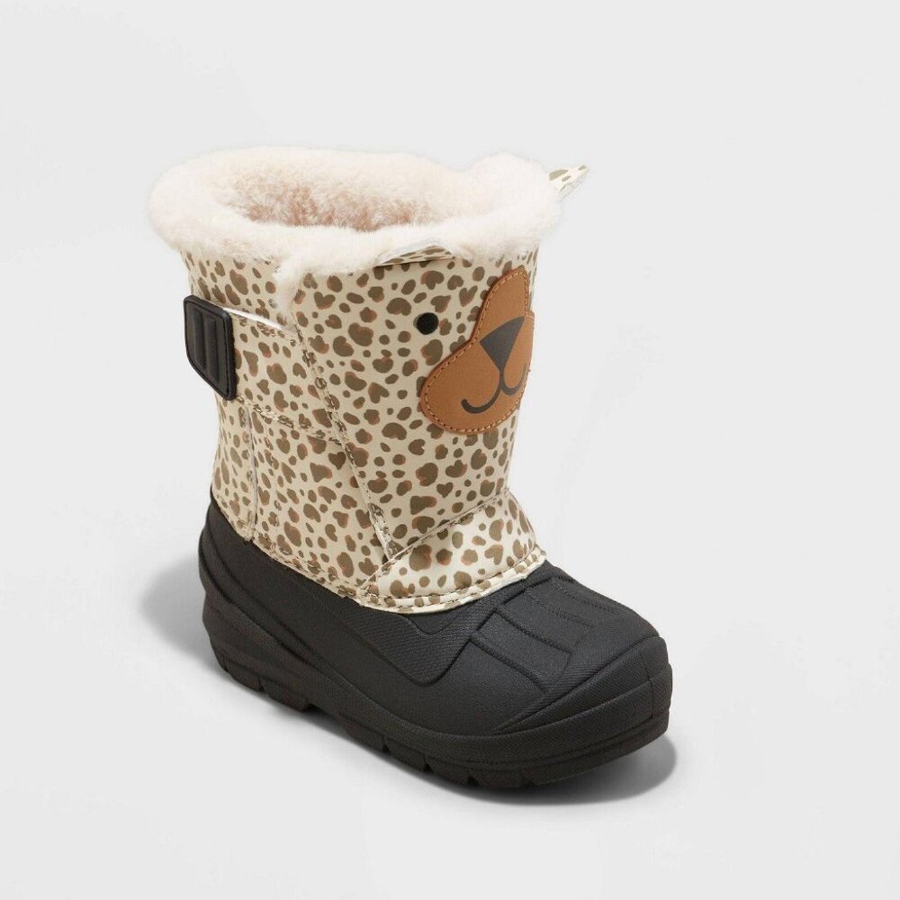 NWT Cat & Jack Kids Frankie Leopard Print Plush Winter Boots - Cream and Black